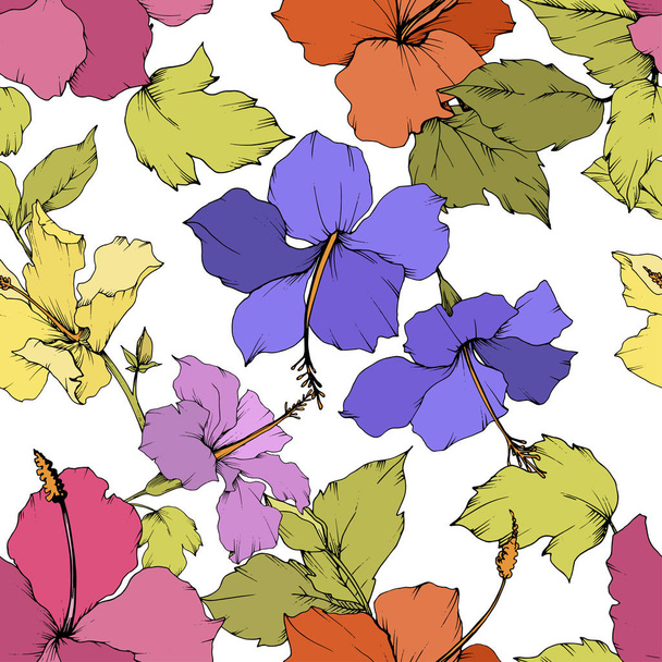 Vector Hibiscus floral botanical flower. Engraved ink art. Seamless background pattern. Fabric wallpaper print texture. - Vector, Imagen