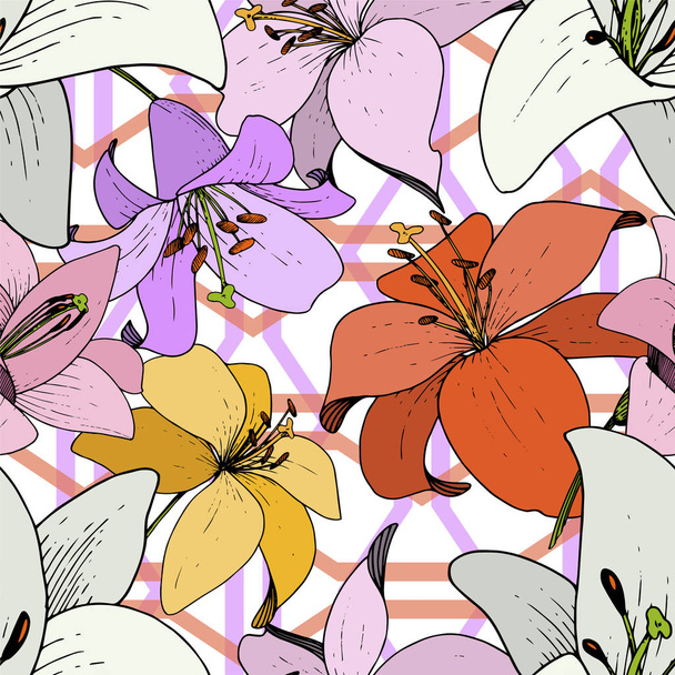 Vector Lily Floral botanical flower. Black and white engraved ink art. Seamless background pattern. - Vector, imagen