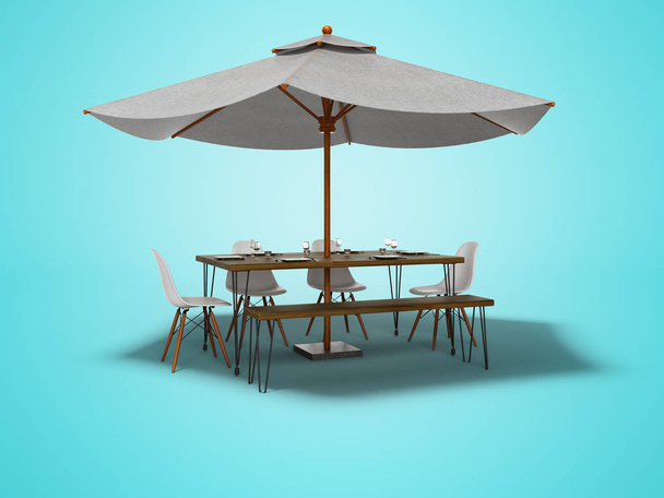 Ahşap masa ve sandalyeler ile yaz Restoran şemsiyesi gölge ile mavi arka planda 3D render - Fotoğraf, Görsel
