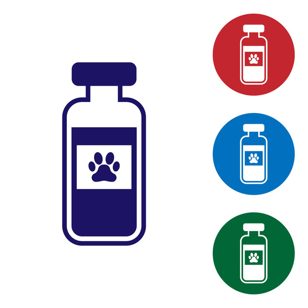 Kék pets injekciós üveg orvosi ikon elszigetelt-ra fehér háttér. Vényköteles gyógyszer az állat. A színikon beállítása kör gombokon. Vektoros illusztráció - Vektor, kép