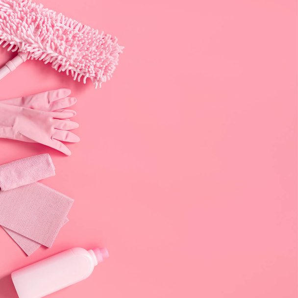 Cleaning kit  on a pink background. Copy space. - Fotó, kép