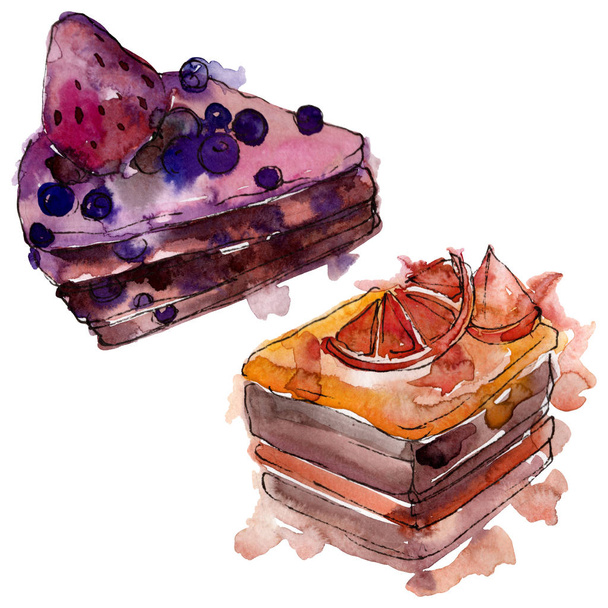 Smaczne ciasto z owocami w stylu przypominającym akwarele na białym tle. Aquarelle słodki deser. Zestaw ilustracji tle. - Zdjęcie, obraz