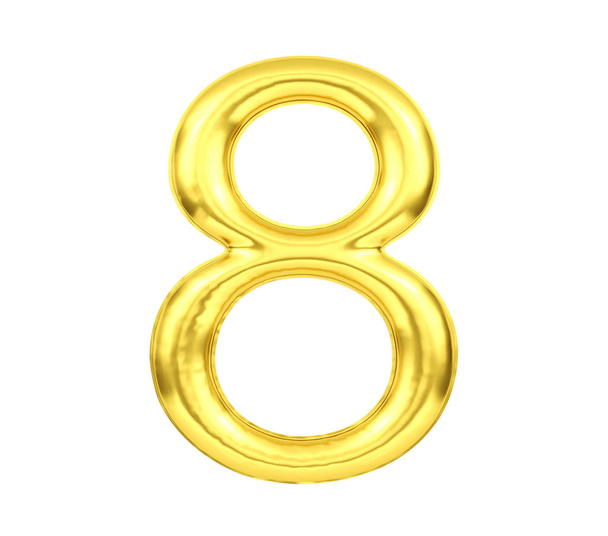Номер 8, Золотой шарик номер 8 изолирован на белом фоне, 3D рендеринг
 - Фото, изображение