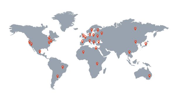 Mapa do mundo com marcadores de geolocalização. Comunicação global. Entrega e logística. Imagem isolada
 - Vetor, Imagem