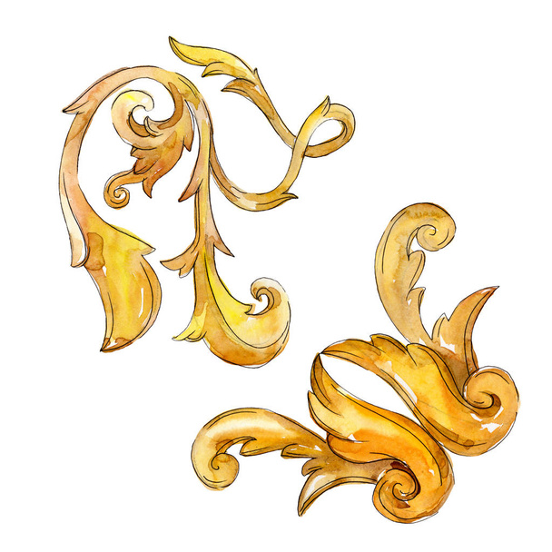 Gold monogram floral ornament. Baroque design isolated elements. Watercolor background illustration set. - Foto, immagini