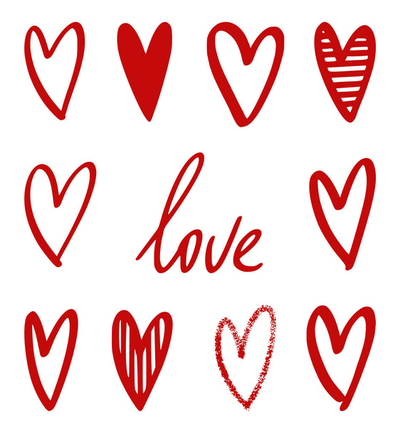 Dibujo vectorial conjunto de corazones con la palabra amor. Perfecto para tarjetas postales, carteles, patrones y decoraciones para el Día de San Valentín
. - Vector, Imagen
