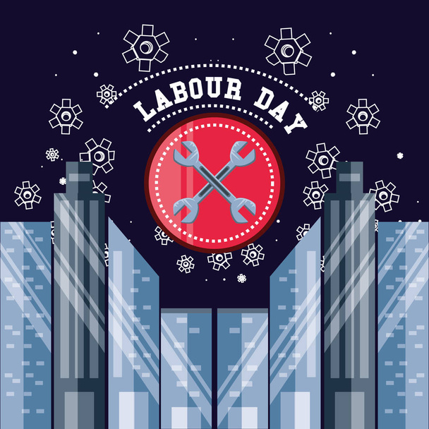 labour day celebration with cityscape and tools - Vector, Image