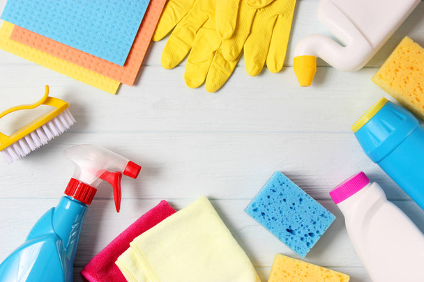 cleaning products on a colored background top view. - Photo, image