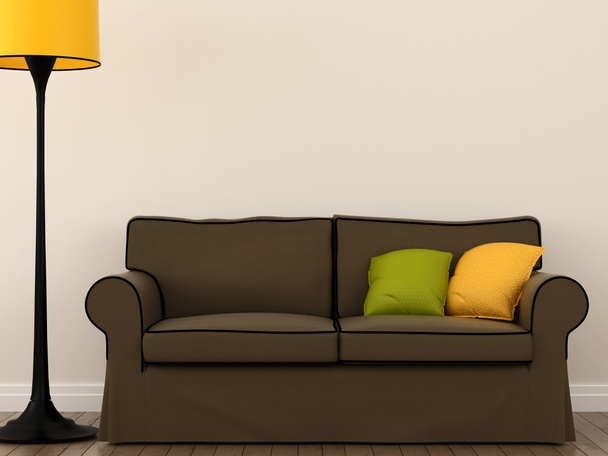 黄色の床ランプが付いているソファー - 写真・画像