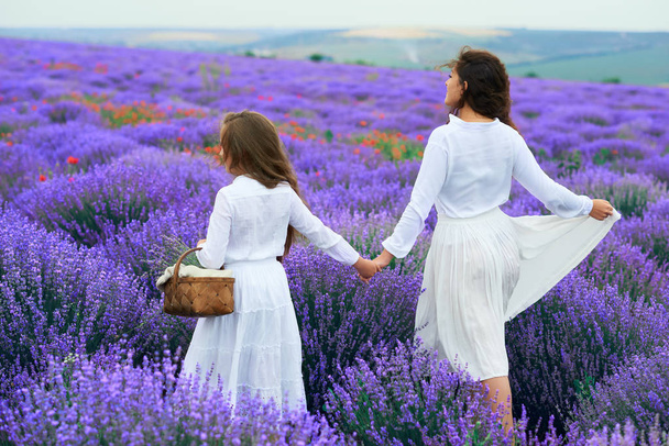 niñas están en el campo de flores de lavanda, hermoso paisaje de verano
 - Foto, imagen