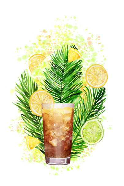 Hand drawn watercolor long island ice tea cocktail on paint splashes - Foto, immagini