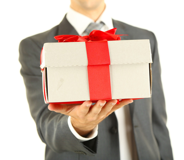Young businessman present gift box, isolated on white - Photo, Image