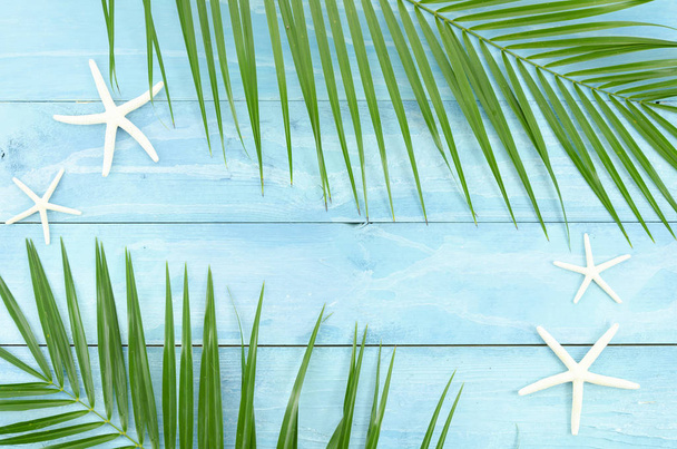 Exotic beach top view concept with tropical palm leaf branch and starfishes. Frame with space for banner text - Fotografie, Obrázek