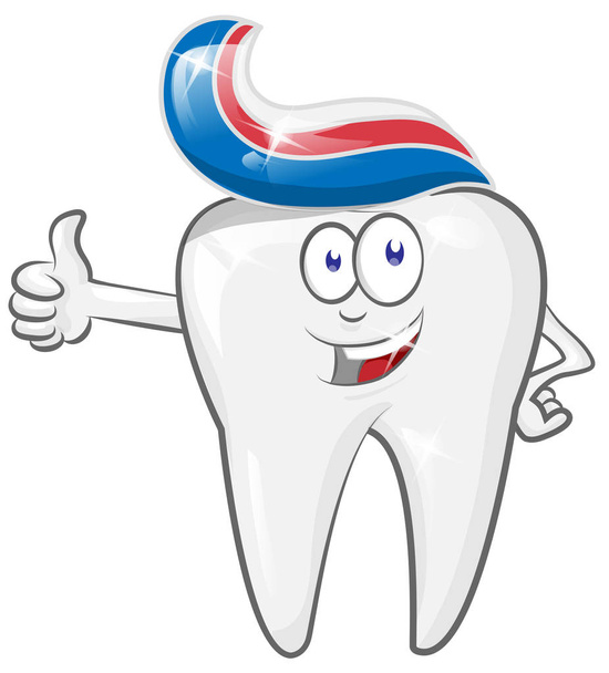 froh starke fröhliche Cartoon-Zahnfigur mit Zahnpasta. v - Vektor, Bild