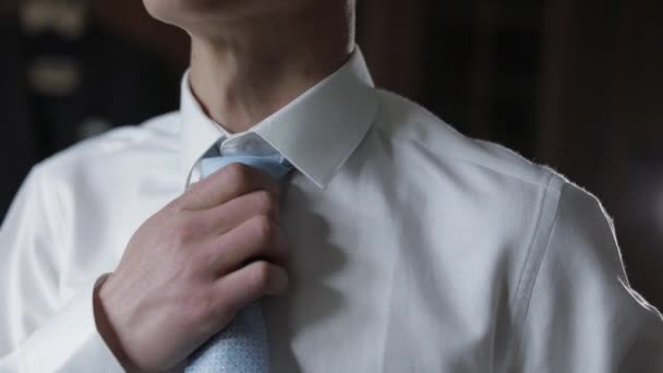 ハンサムな新郎は彼の青い蝶ネクタイを修正します。結婚式の朝ビジネスマン - 映像、動画