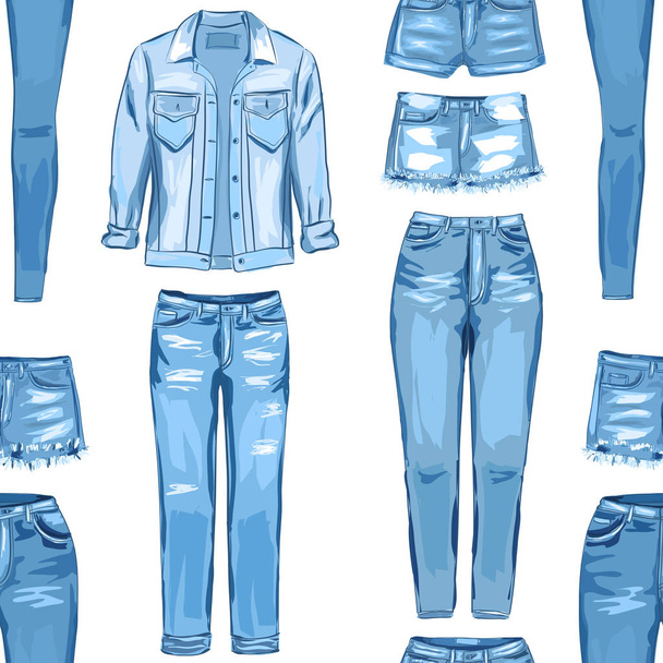 Fashion seamless pattern. Jean garment illustration. Vector illu - Вектор, зображення