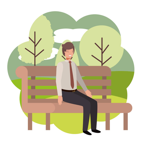 бізнесмен, сидячи в парковому стільці з пейзажем
 - Вектор, зображення