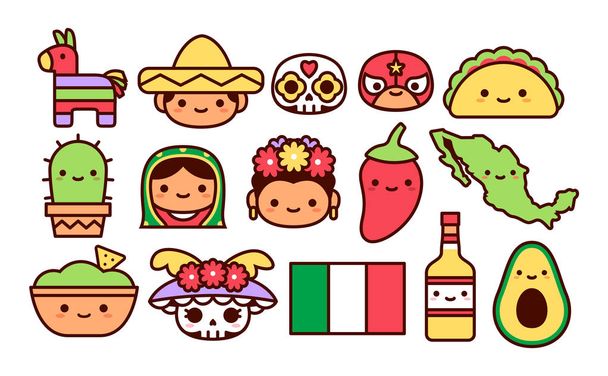 Conjunto de ícones de desenhos animados mexicanos isolados
 - Vetor, Imagem