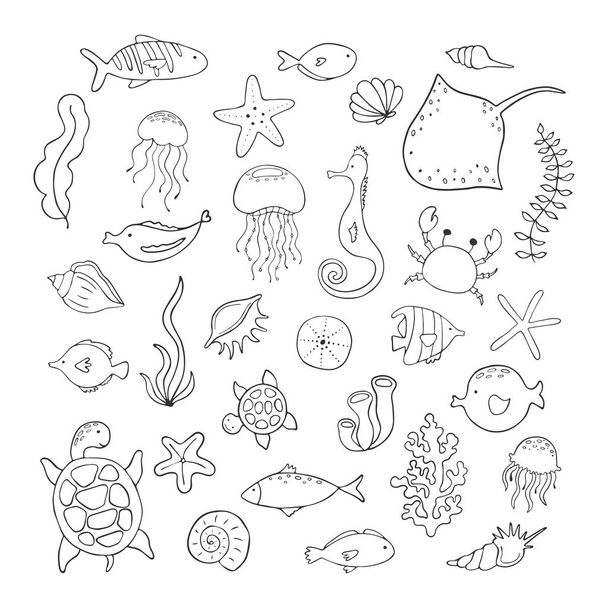 Set of cartoon sea animals on a white background. Vector illustration. - Vector, Image