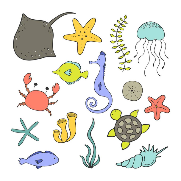 Set of cartoon sea animals on a white background. Vector illustration. - Vector, Image