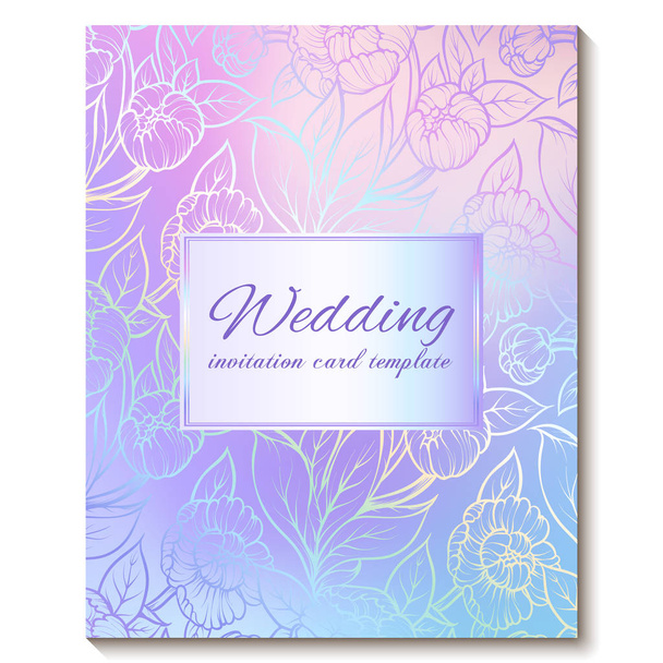 Kleurrijke pastelblauw violet roze zachte bloemen heldere uitnodiging kaart met plaats voor tekst. Abstracte Aquarelle magie cool kleuren hand getekend pioen bloemen ontwerp met vervagen textuur achtergrond - Vector, afbeelding