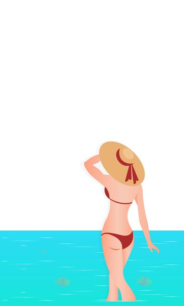 Hola Summer. Chica abstracta con traje de baño y sombrero grande, de pie en la playa. Fondo marino. Ilustración vectorial - Vector
 - Vector, Imagen