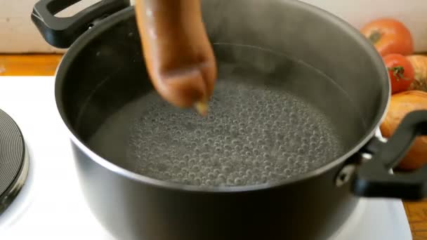 Cucina casalinga. Le salsicce devono abbassarsi e bollire in una pentola aperta di acqua bollente su stufa elettrica. Acqua a bolla
. - Filmati, video