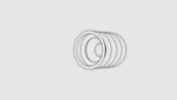 Οι αφηρημένοι τρεις διαστασιολογημένοι κύκλοι κινούνται σε λευκό φόντο. Κινούμενα σχέδια. Μαζικές σπειροειδείς κύκλοι παλμίας που αυξάνονται σε μέγεθος σε λευκό χώρο - Πλάνα, βίντεο