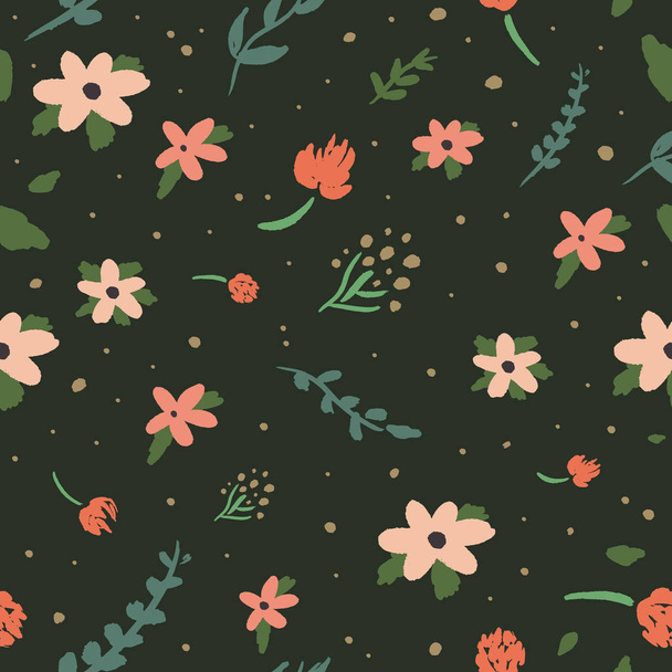 Beauty floral pattern vector image, clip art. Adorable wildflowers on dark background. Hand draw texture - Vektör, Görsel