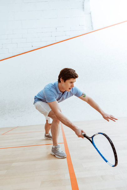 Emotional sportsman in blue polo shirt playing squash in four-walled court - Φωτογραφία, εικόνα
