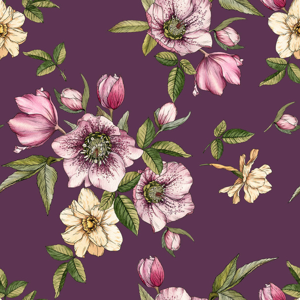 Floral seamless pattern with watercolor narcissus and hellebore - 写真・画像