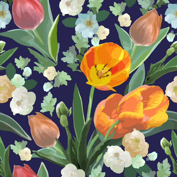 Watercolor seamless floral pattern with tulips. - Διάνυσμα, εικόνα