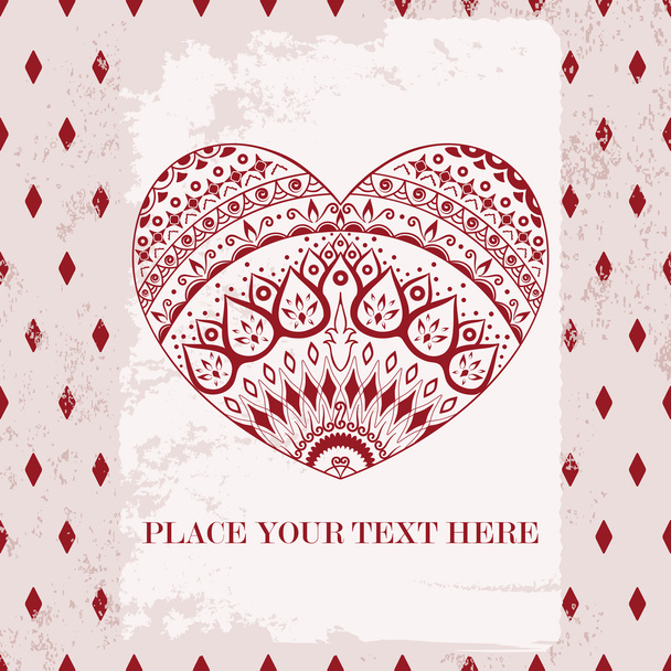Vintage postcard with ornamental heart on grunge background - Vector, Image