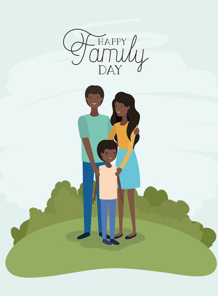フィールドに黒人の両親と息子と家族の日カード - ベクター画像