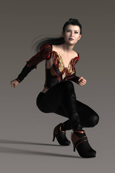 Render of a beautiful fantasy style woman warrior character in low crouched ready to leap pose - Foto, Imagen