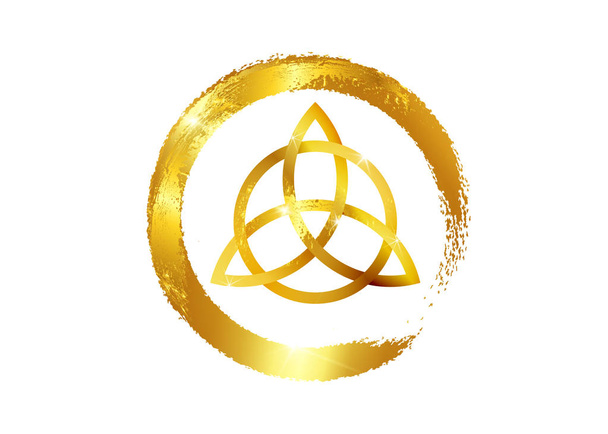 Triquetra, χρυσή Τριάδα, σύμβολο για την προστασία. Διάνυσμα χρυσό φύλλο Κέλτικη Τριάδα κόμπο που απομονώνεται σε λευκό φόντο. Χρυσό μαγικό σύμβολο της μαντείας, λογότυπο αρχαία απόκρυφα σύμβολα - Διάνυσμα, εικόνα