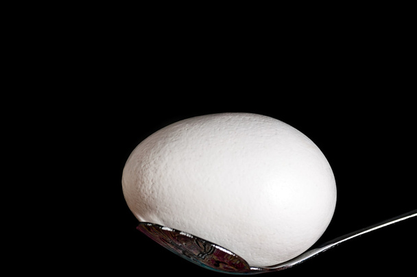 jaja białe, na metalową łyżką, przednie oświetlone, na białym tle, czarne tło - Zdjęcie, obraz