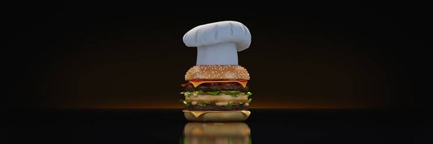 Hamburger mit Hutkoch. 3D-Darstellung - Foto, Bild