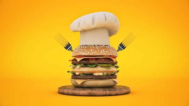 hamburger met hoed chef. 3D-rendering - Foto, afbeelding