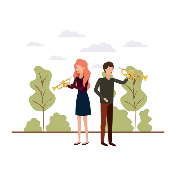 Paar mit Musikinstrumenten in der Landschaft - Vektor, Bild