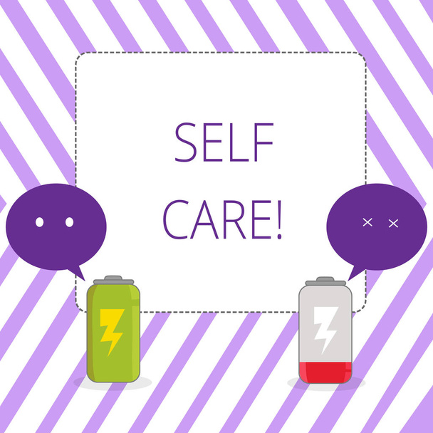 Writing note showing Self Care. Business photo showcasing practice of taking action to preserve or improve ones own health Fully Charge and Discharge Battery with Emoji Speech Bubble. - Photo, Image