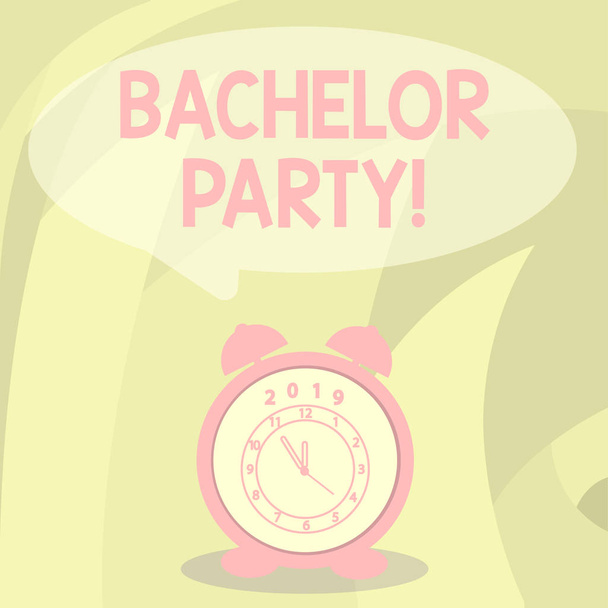 Word writing text Bachelor Party. Business concept for given for analysis who is about to get married attended by men Round Blank Speech Balloon in Pastel Shade and Colorful Analog Alarm Clock. - Photo, Image