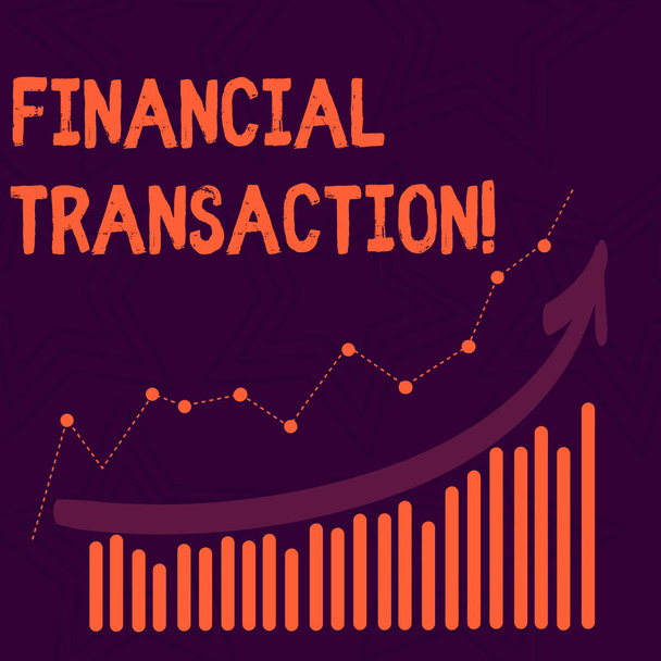 A pénzügyi tranzakciót ábrázoló szövegjel. Fogalmi fotó tranzakciók a pénzügyi eszközök és kötelezettségek kombinációja színes oszlop és vonal grafikus diagram nyíl megy fel. - Fotó, kép