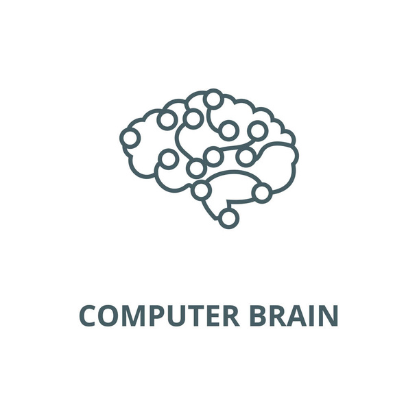 コンピュータ脳線アイコン、ベクトル。コンピューター・ブレイン・アウトライン・サイン、コンセプト・シンボル、フラットイラスト - ベクター画像