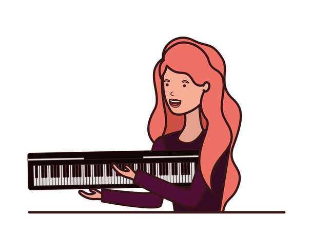 ピアノキーボードの文字を持つ若い女性 - ベクター画像