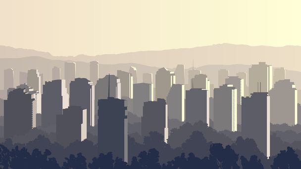 Illustration der Großstadt bei Sonnenuntergang. - Vektor, Bild