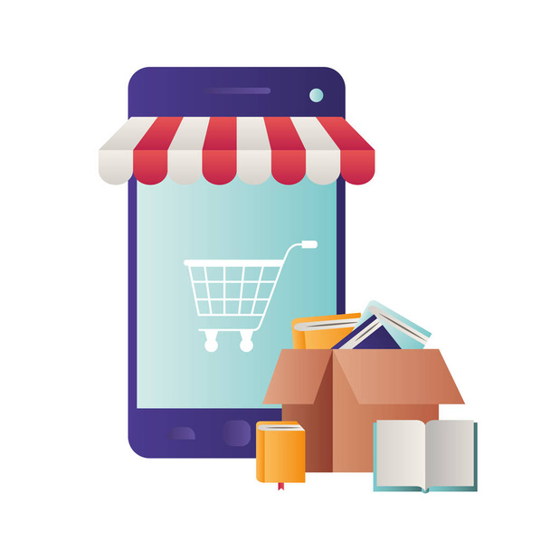 smartphone with tent and shopping cart - Vector, Image