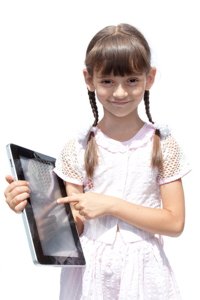 Girl with ipad like gadget isolated white background - Foto, Bild