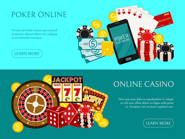 Casino online banner vector illustration. Includes roulette, casino chips, playing cards, winning money. Sack of money, credit card, dice, golden coins. Background for Internet game. - Вектор,изображение