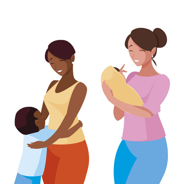 Interracial anyák kis gyerekek karakterek - Vektor, kép